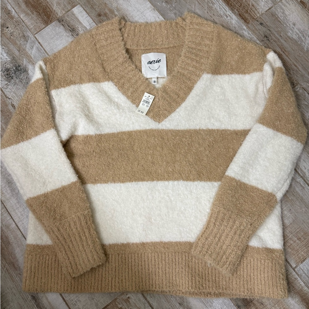 aerie Cozy Cream and Tan Striped V-Neck Sweater-New with Tags